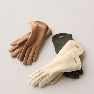 手套冬天女可爱仿麂皮防风开车手套秋冬季 加绒保暖骑车露指触摸屏