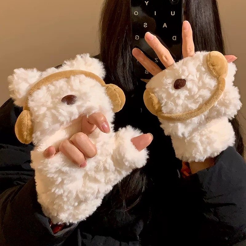 可爱耳机小熊毛绒连指手套女2025年秋冬季加厚加绒保暖学生骑行潮