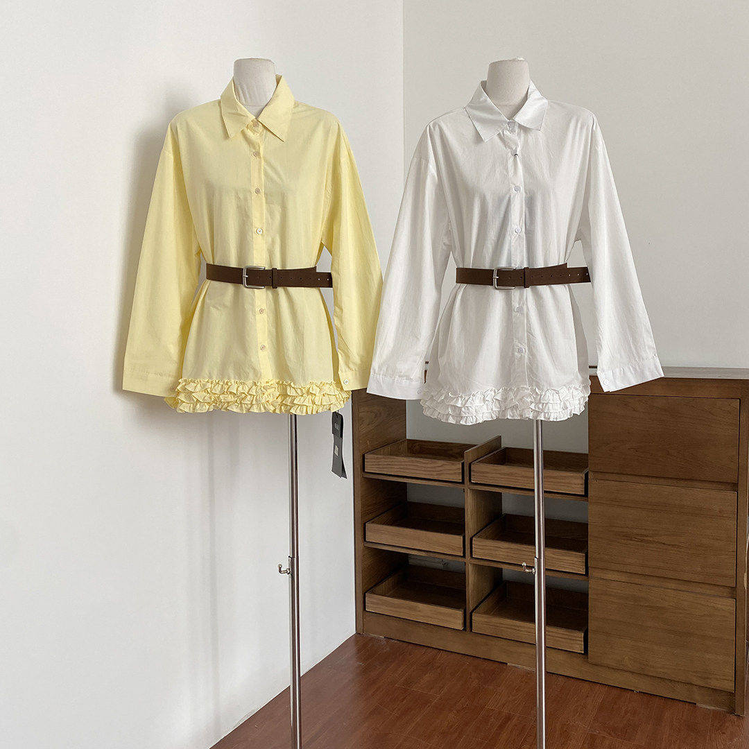 韩系原宿风穿搭POLO领单排纽扣长袖衬衫女宽松木耳边配腰带衬衫裙