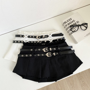 甜辣风双腰带百褶A字半身裙女2026春季 低腰A字花边防走光短裙 新品