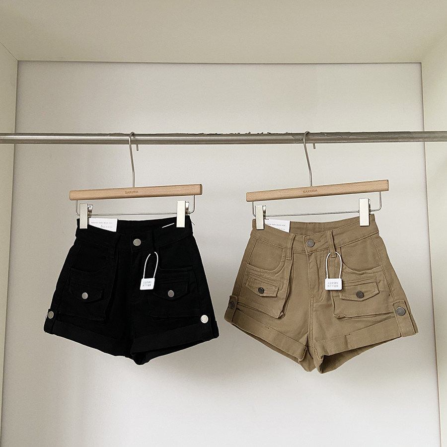 复古辣妹纯色高腰显瘦包臀热裤工装牛仔短裤女夏季新款百搭短裤子