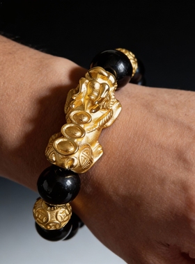 金元宝沙金貔貅手链男招财转运金品大号黑曜石男女高级感轻奢手串