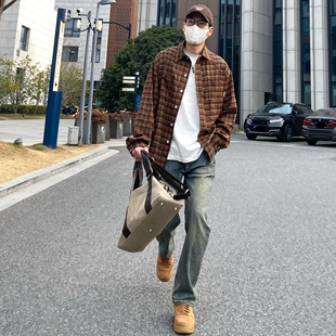 工装 美式 休闲百搭衬衣男 LILI春秋日系复古宽松磨毛格子衬衫 NICE