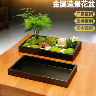 定制不锈钢造景花盆长方形桌面景观绿植苔藓托盘花器室内装饰花槽