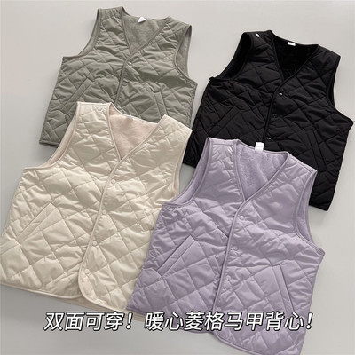 一勺米 暖和小火炉/加绒夹棉两面穿马甲~V领菱格衍缝保暖背心外套