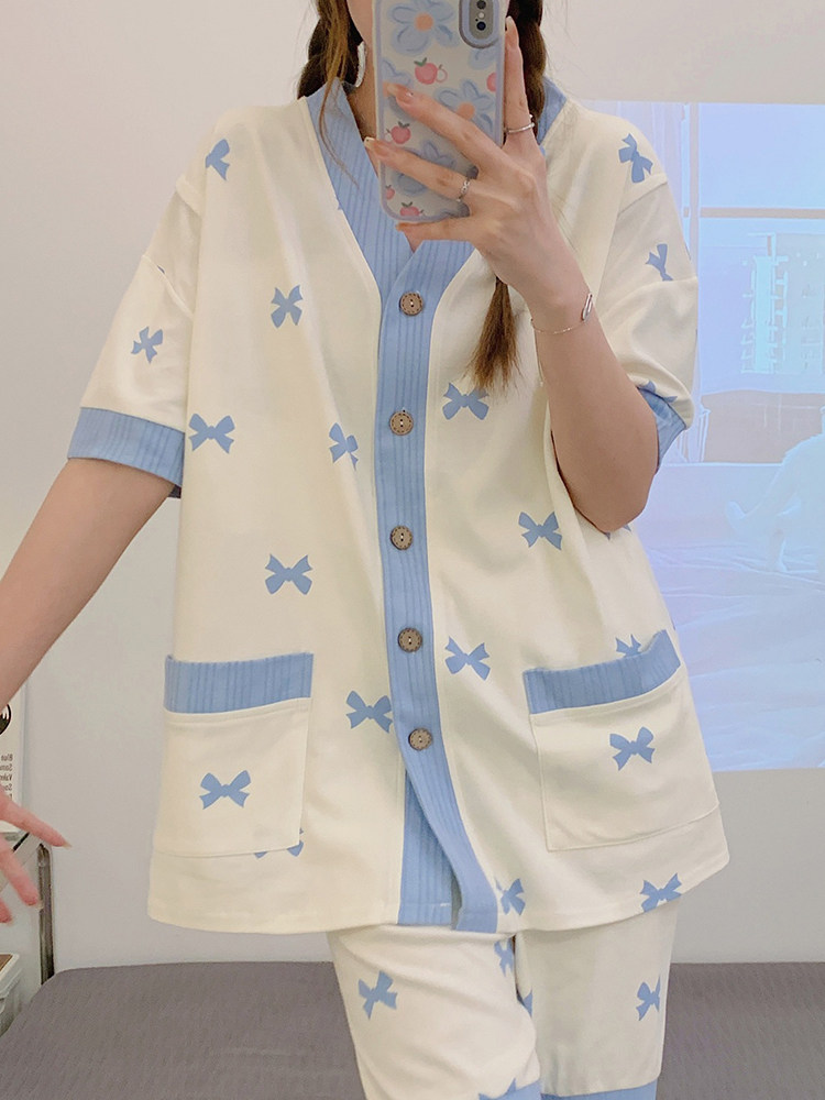 산부인과 병원 수유 여름 얇은 땀흡수 반팔 감금복 반바지 순면 출산 잠옷 4월 5일