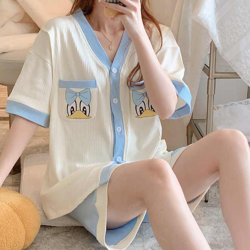 봄과 여름 얇은 순면 산후 모유 수유 및 땀 흡수 감금 옷 여성을위한 반팔 반바지 출산 잠옷 7 월 8 일