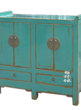 蓝色实木翘头餐边柜 榆木古典仿古家具 碗橱柜供桌抽屉储物收纳柜