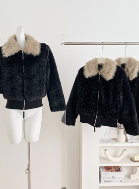 板栗可可'暖冬咩咩'黑色新色大毛领短款环葆羊羔毛保暖外套女