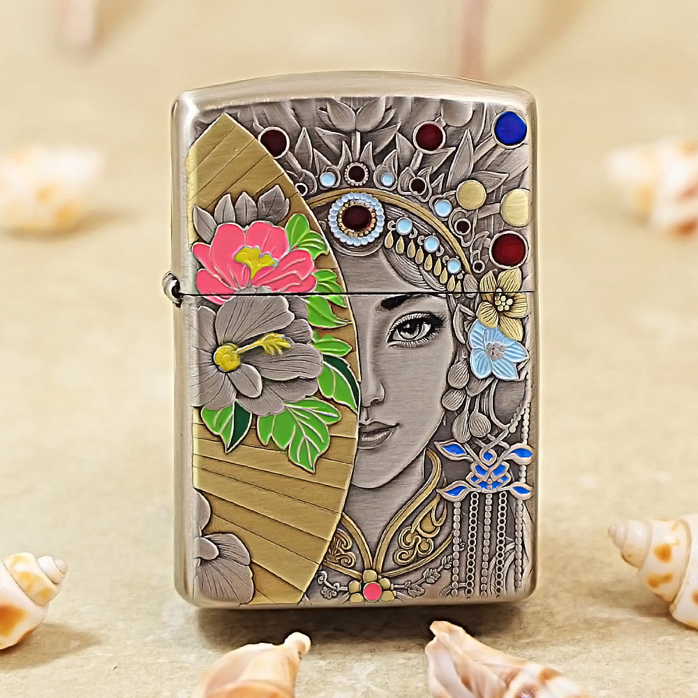 打火机zippo正品 锦绣琳琅女郎 美女系列珐琅彩工艺 镀银鎏金正版