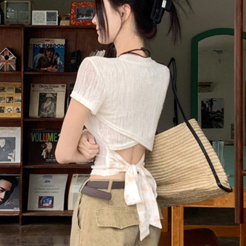 短袖t恤女绑带蝴蝶结美背修身款