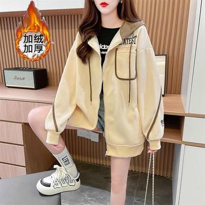 刺绣中长款加绒加厚外套女秋冬季韩版小个子连帽撞色开衫保暖卫衣