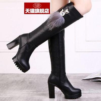 2024冬秋长筒靴女皮靴粗跟高跟侧拉链骑士靴加绒加厚高筒马靴