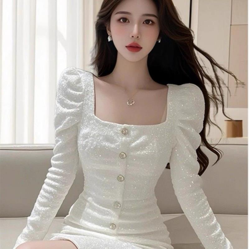 纯欲风气质辣妹方领连衣裙女装2025春秋新款时尚名媛包臀礼服短裙