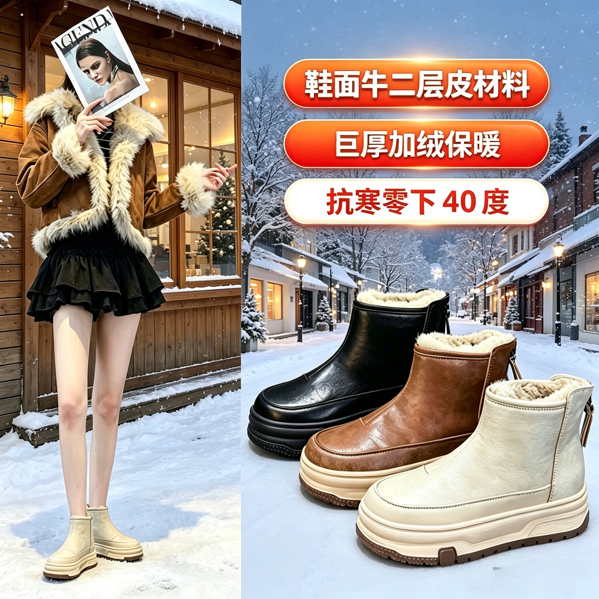 真皮加绒防水防滑雪地靴女保暖