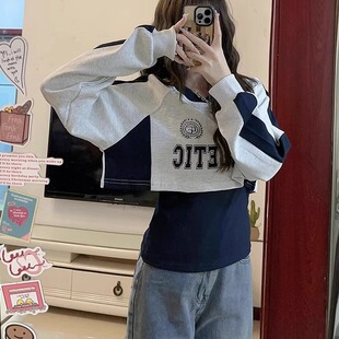 美式复古白灰色长袖短款卫衣女2025新款早秋内搭背心休闲两件套装