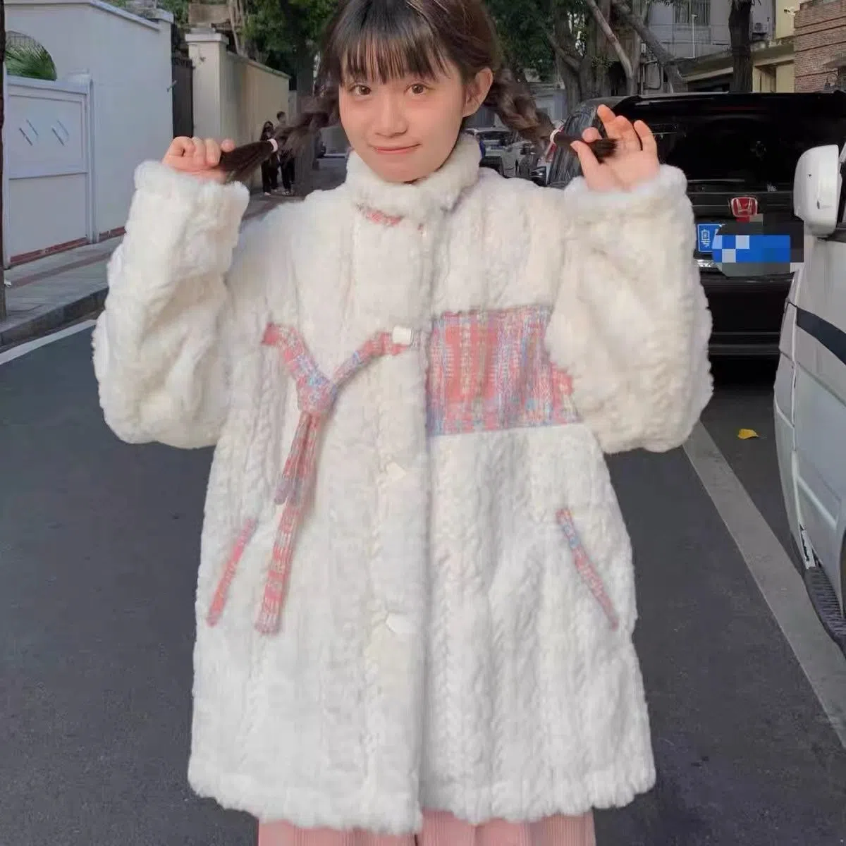 羊羔毛外套女2024秋冬款小香风兔绒刷花皮草上衣加厚立领毛毛外套