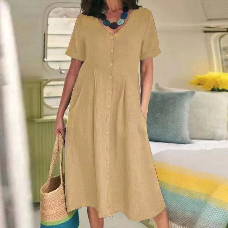 2025新款简约女装春夏新款eBay新款纯色宽松高腰棉麻连衣裙女装