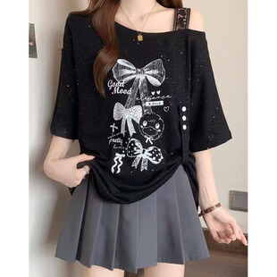 女夏季 大码 T恤打底衫 印花短袖 胖妹妹宽松显瘦露肩上衣 遮肚子美式