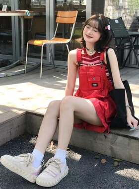 新款PHORM多巴胺红色可爱减龄宽松显瘦 牛仔背带裤短裤女春夏女装
