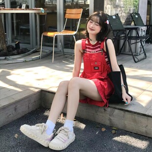 新款PHORM多巴胺红色可爱减龄宽松显瘦 牛仔背带裤短裤女春夏女装