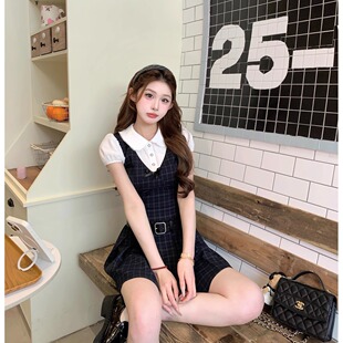 夏季新款女度假旅游休闲拼接设计感两件连衣裙女收腰格纹短裙女装