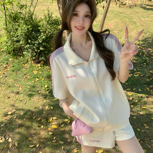 夏季宽松通勤休闲学院风显瘦拉链短袖上衣短裤收腰减龄两件套女装