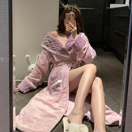 珊瑚绒睡衣女秋冬款2024新款高级感睡袍甜美性感加厚长浴袍家居服