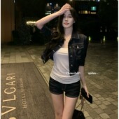 新款 女装 高级感深蓝色牛仔套装 上衣高腰直筒短裤 翻领短款 2026夏季