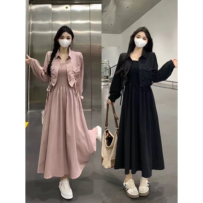 黑色吊带连衣裙外搭开衫高级感秋季穿搭气质裙子胖mm遮肚显瘦长裙