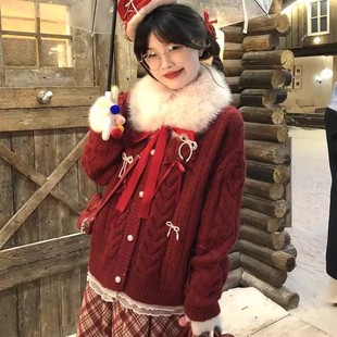 2025新ALITTLE乱糟糟圣诞新年战袍~大毛领复古酒红蝴蝶结毛衣外套