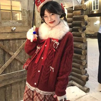 2025新ALITTLE乱糟糟圣诞新年战袍~大毛领复古酒红蝴蝶结毛衣外套