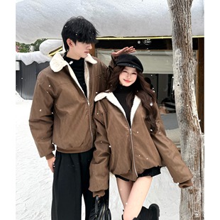 2025新款高级感情侣装秋冬装夹棉皮外套羊羔绒夹克潮流男女外套装