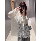 辣妹透明感漂亮防晒衣钩花V领衬衫 上衣 叠穿长袖 女夏季 内搭蕾丝衫