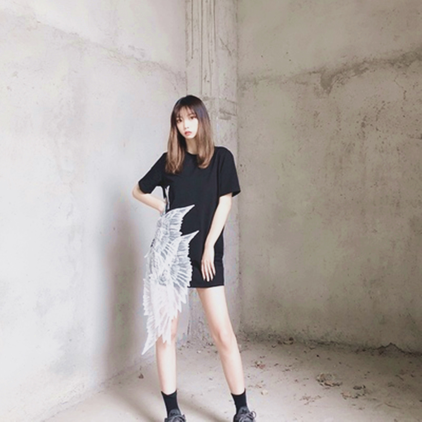 刺绣设计感翅膀短袖T恤裙子夏装