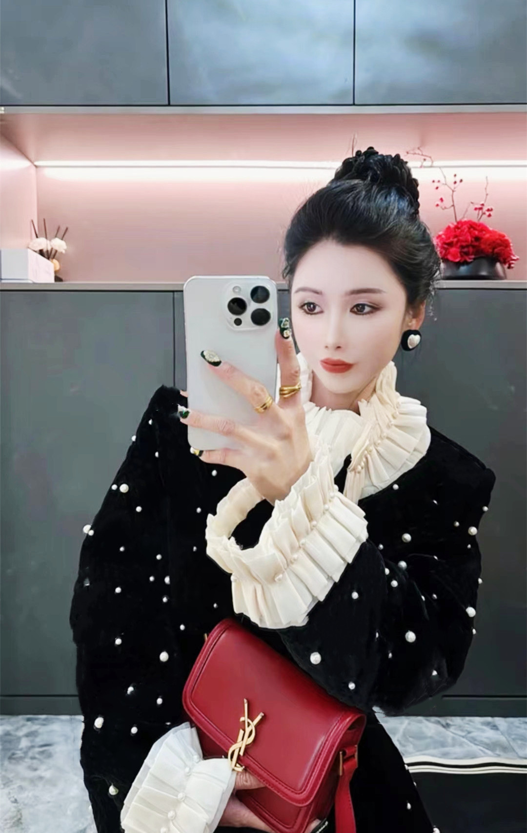 韩版珍珠领小香风中长款外套