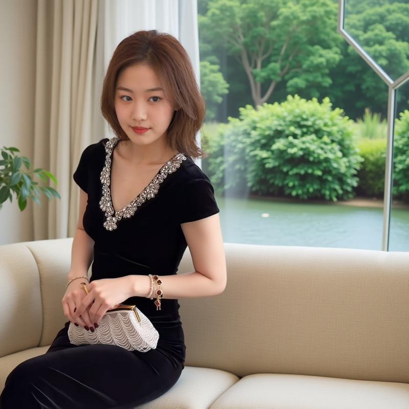 v领收腰显瘦长款手工钉珠连衣裙