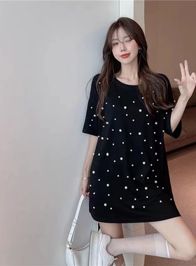 大码胖MM夏设计感珍珠铆钉网红甜辣风BF潮中长款圆领宽松短袖T恤