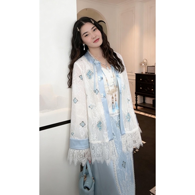 大码新中式蕾丝拼接显瘦通勤套装