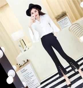 女装 九分裤 春装 胖mm高腰开叉重手工钉珠百搭喇叭裤 潮 大码 2022新款