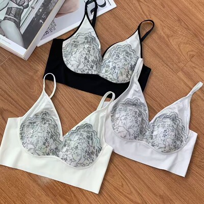 LAP法式蕾丝撞色美背文胸舒适承托防垂力缎面无痕V领美肩内衣女生