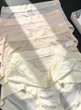 LAP无痕琉璃缎印花蕾丝内裤高弹力亲肤透气中腰超薄纯棉透气底裆