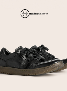 PIPG男鞋小众原创设计手工真皮黑色皮鞋复古运动休闲板鞋洗水马皮