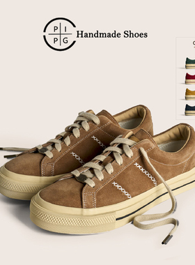 PIPG复古帆布鞋男女休闲板鞋 日系翻毛皮厚底硫化鞋透气情侣鞋