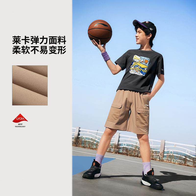 李宁正品2025新款男小大童宽松透气篮球训练运动休闲短裤YKSV233