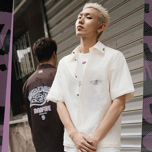 李宁正品 ASHU553 反伍BADFIVE长安少年男子宽松翻领印花休闲衬衫