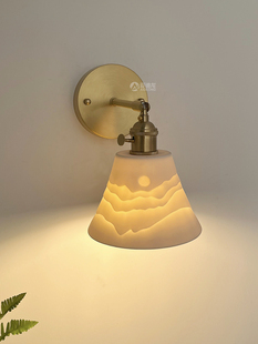 新中式日式山水壁画日出白色透光陶瓷壁灯 北欧简约黄铜床头灯