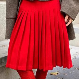 le rouge周美美 圣马丁学院毛呢格纹翻盖口袋装饰A字百褶半身裙