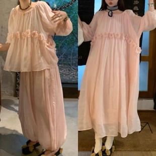 le rouge周美美 柔雾轻粉100苎麻手工花朵上衣灯笼裤连衣裙套装