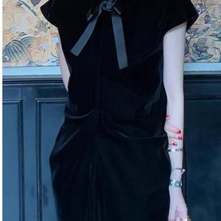 le rouge周美美 东方花靥丝绒收腰立体造型手工织带蝴蝶结连衣裙